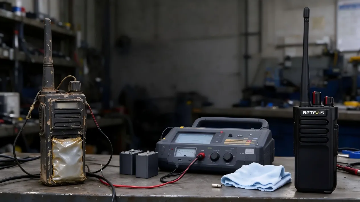 Worn old walkie talkie next to new Retevis heavy duty two way radio on industrial workbench