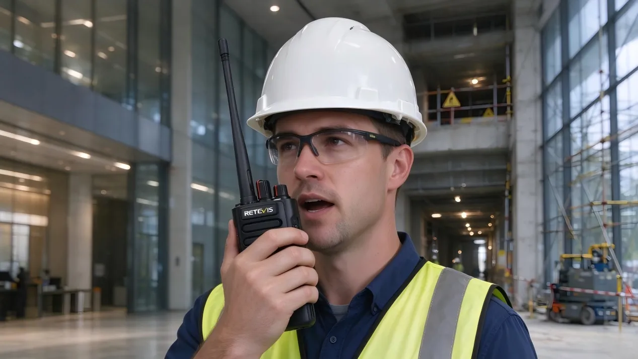 Construction worker using Retevis RT29 walkie talkie inside mid-rise commercial building site