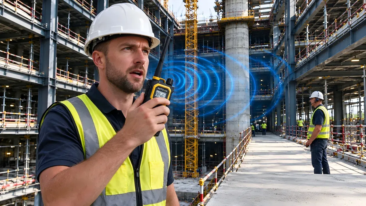 Retevis RB48 Pro high power walkie talkie with signal waves on high-rise steel construction site