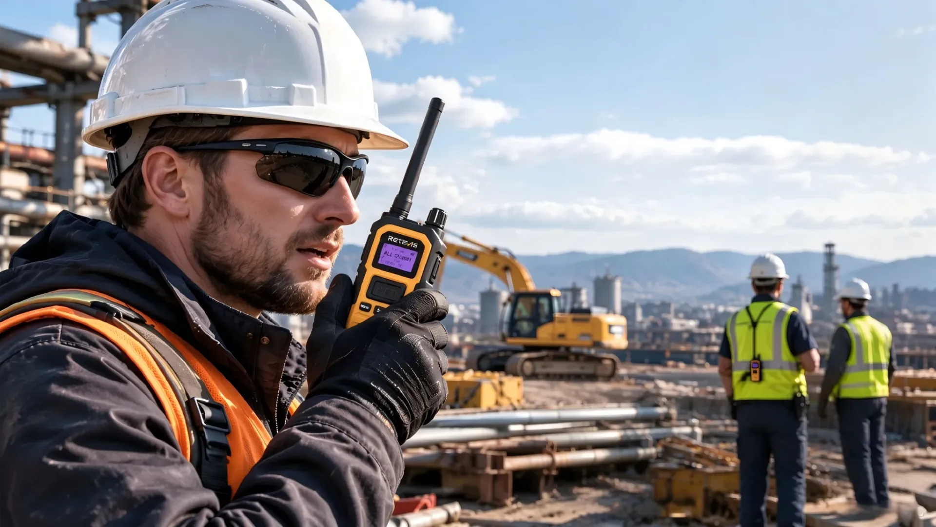Retevis RB48D DMR digital walkie talkie used by worker on heavy industrial construction site