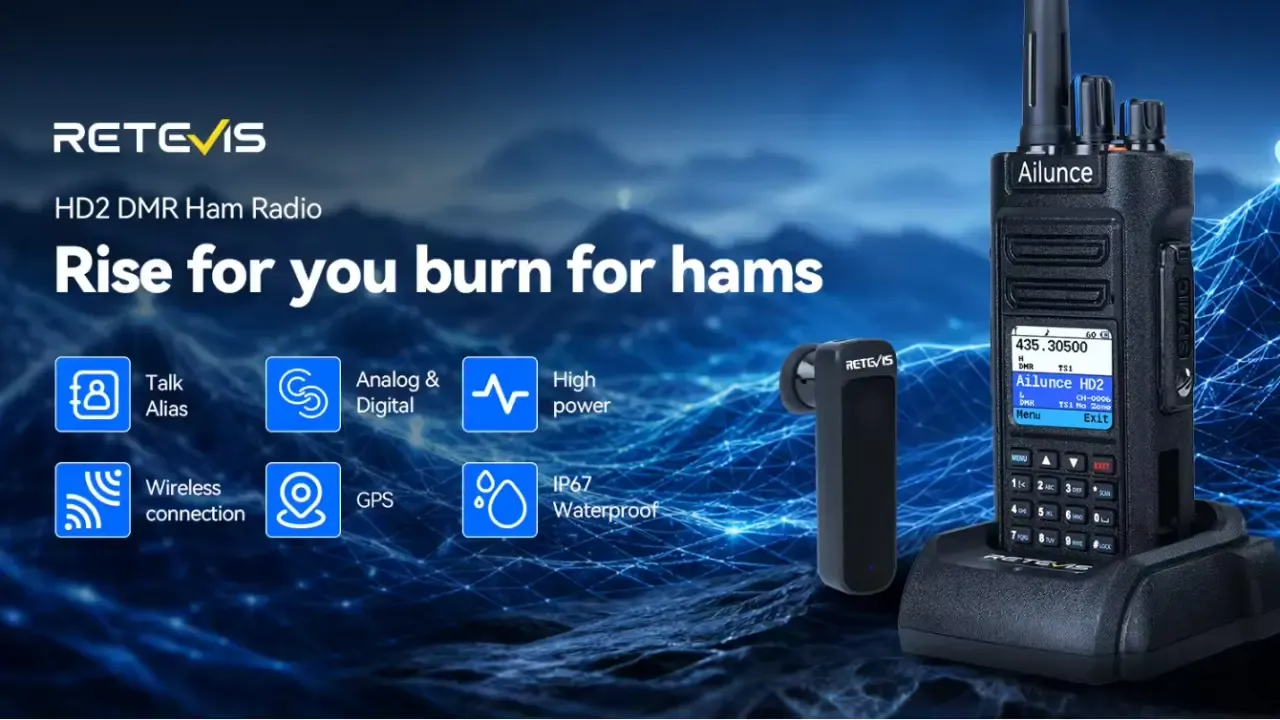 HD2 DMR Ham Radio with handheld radio, charging base, and wireless accessories against a blue digital network background.