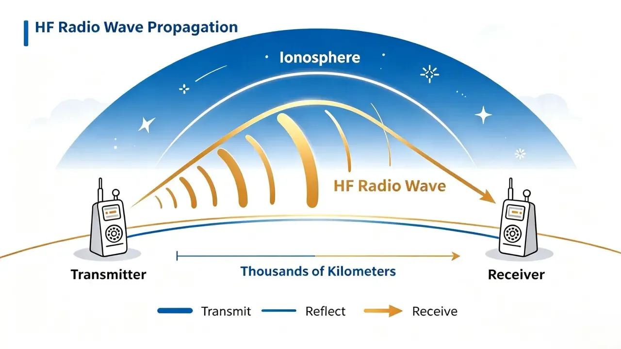 Diagram of HF radio wave propagation; reflection from the ionosphere enables long-range DX ham radio contacts