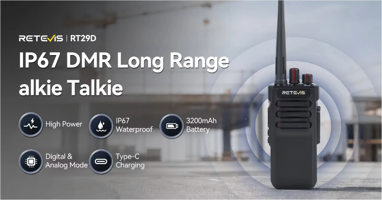 RT29D certified industrial radios for contractors, IP67 DMR long range with 10W power and 3200mAh for steel lifting