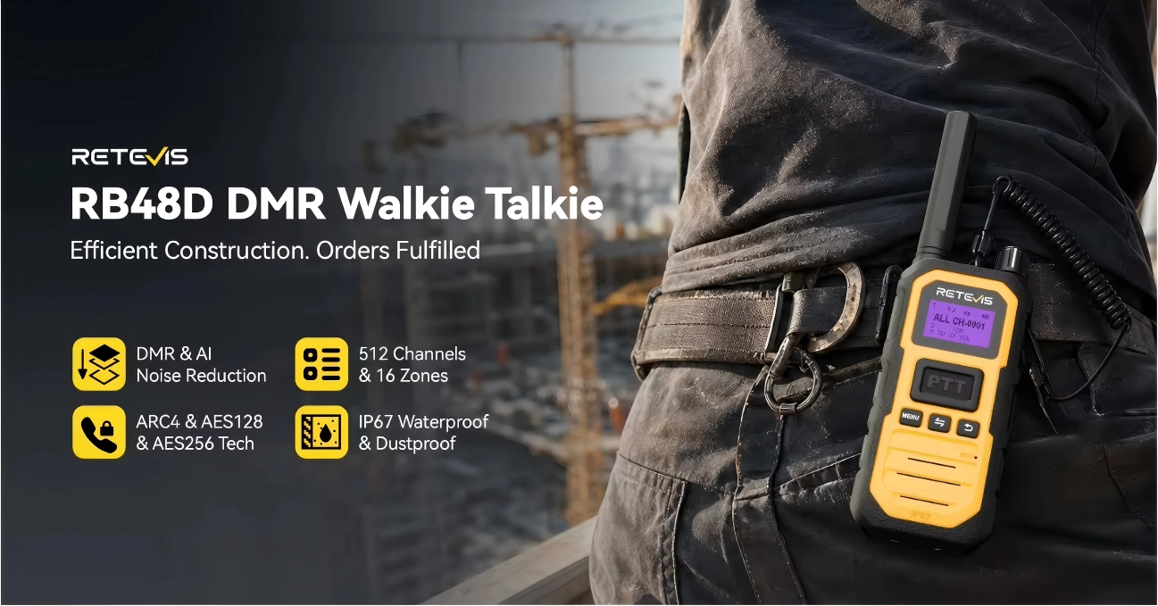 RB48D DMR jobsite communication radios, 512 channels, AES encryption and IP67, worn on belt at steel construction site