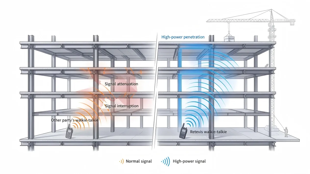 Steel beams blocking standard two-way radio signals on construction site