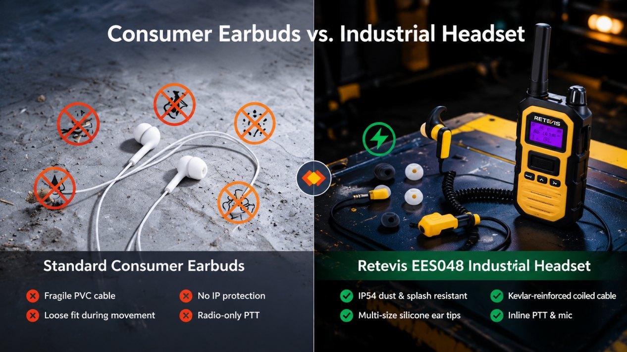 Industrial radio headset buying guide: compare durability, IP protection & fit. See how the Retevis EES048 2.5mm headset works for construction & RB48 radio fleets.