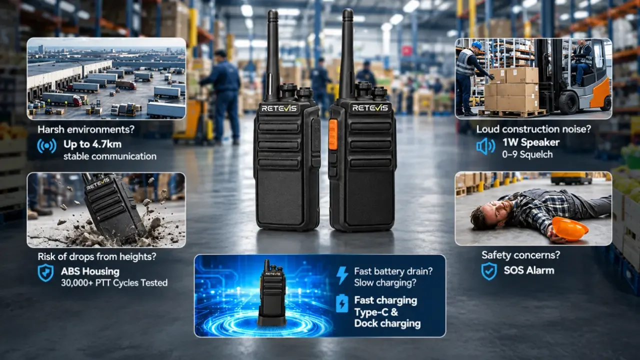 Retevis RT24 PMR446 radio key features: SOS button, channel lock, Type-C charging, high-gain antenna for retail use